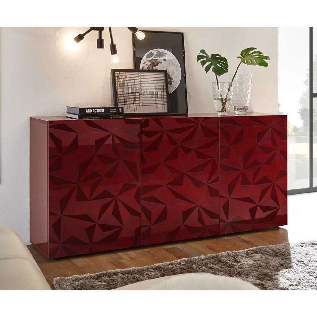 3 türiges Sideboard in Rot Hochglanz Siebdruck verziert