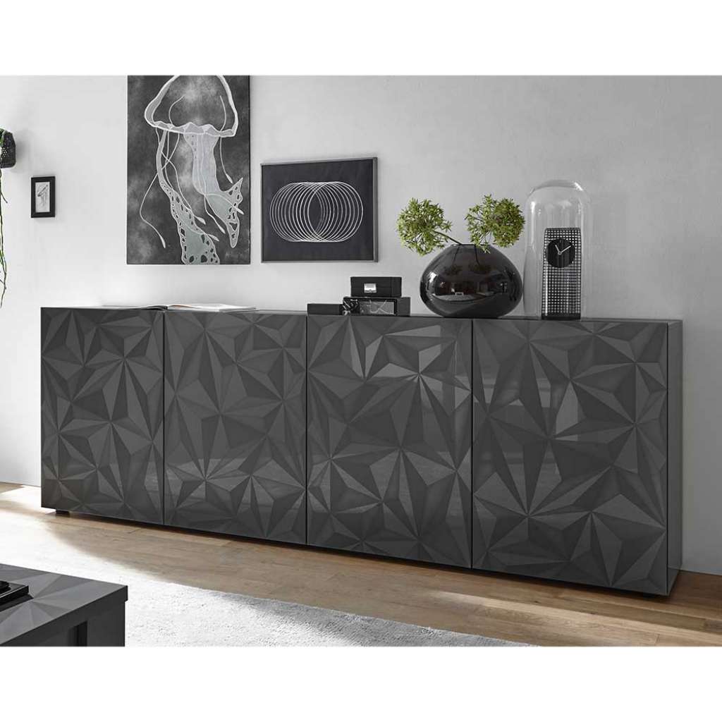 Design Sideboard in Anthrazit Hochglanz Siebdruck verziert