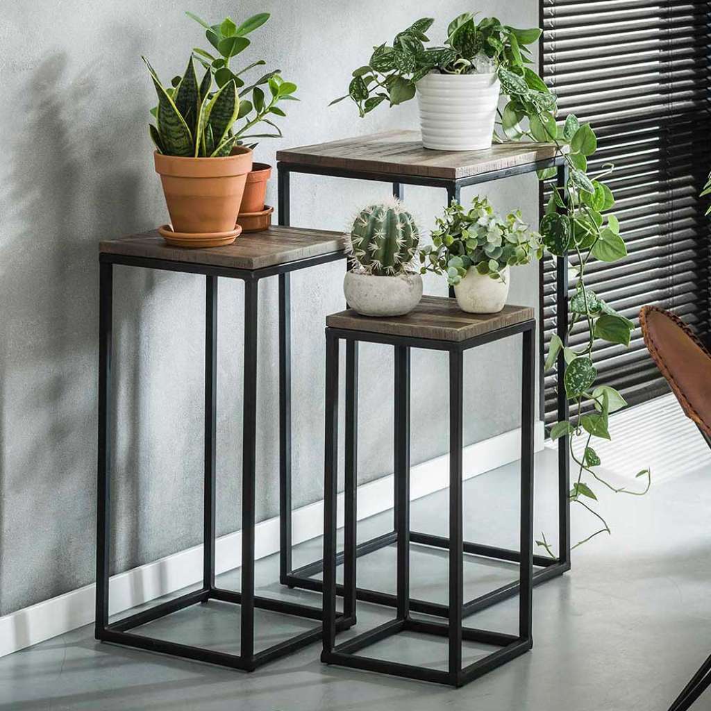 Blumentisch Set aus Teak Grey Wash massiv Metall (3-teilig)
