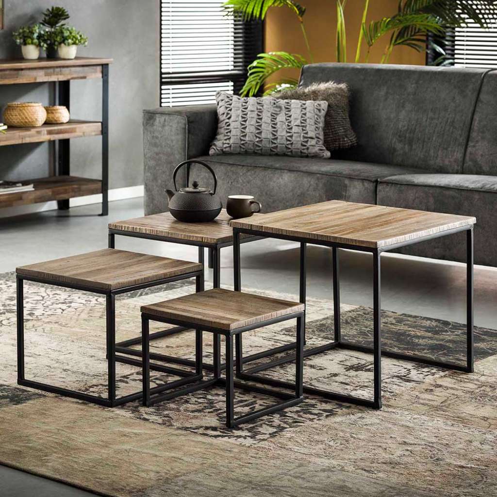 Beistelltisch Set aus Teak Grey Wash massiv Metall (4-teilig)