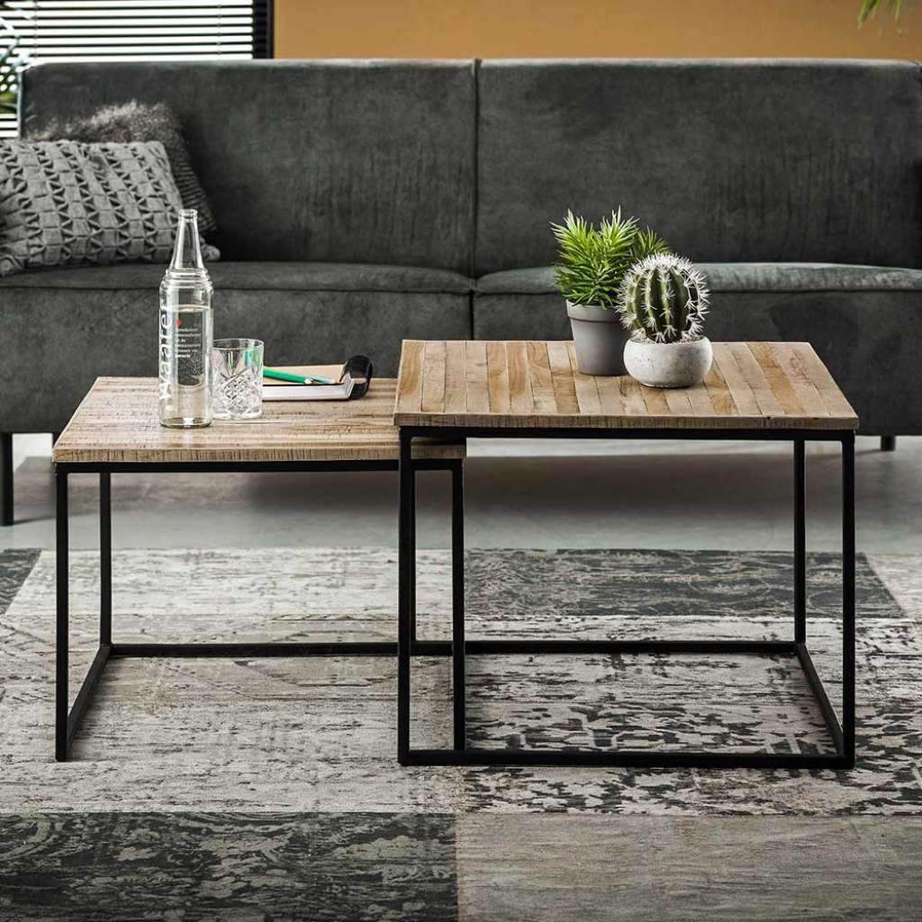 Sofa Beistelltisch Set aus Teak Grey Wash massiv Metall (2-teilig)