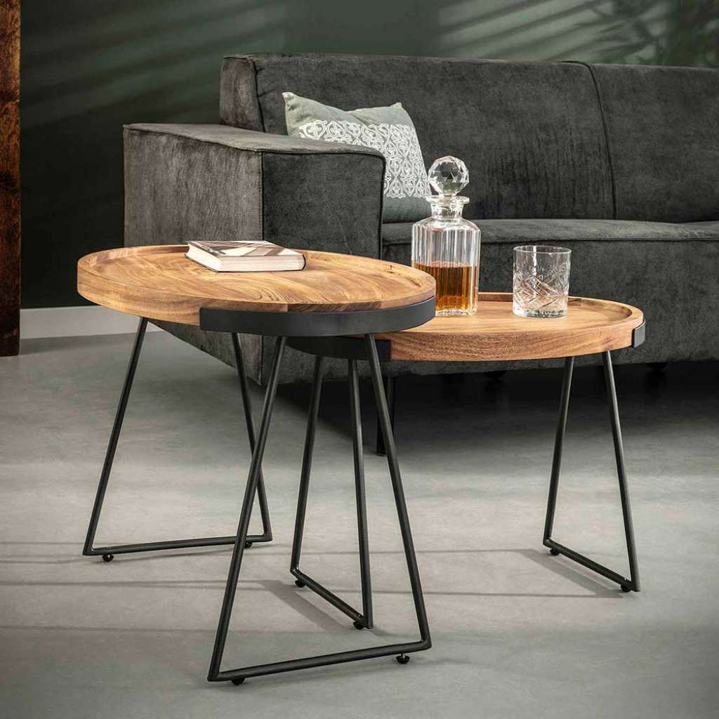 Couchtisch Set aus Akazie Massivholz und Stahl rund (2-teilig)