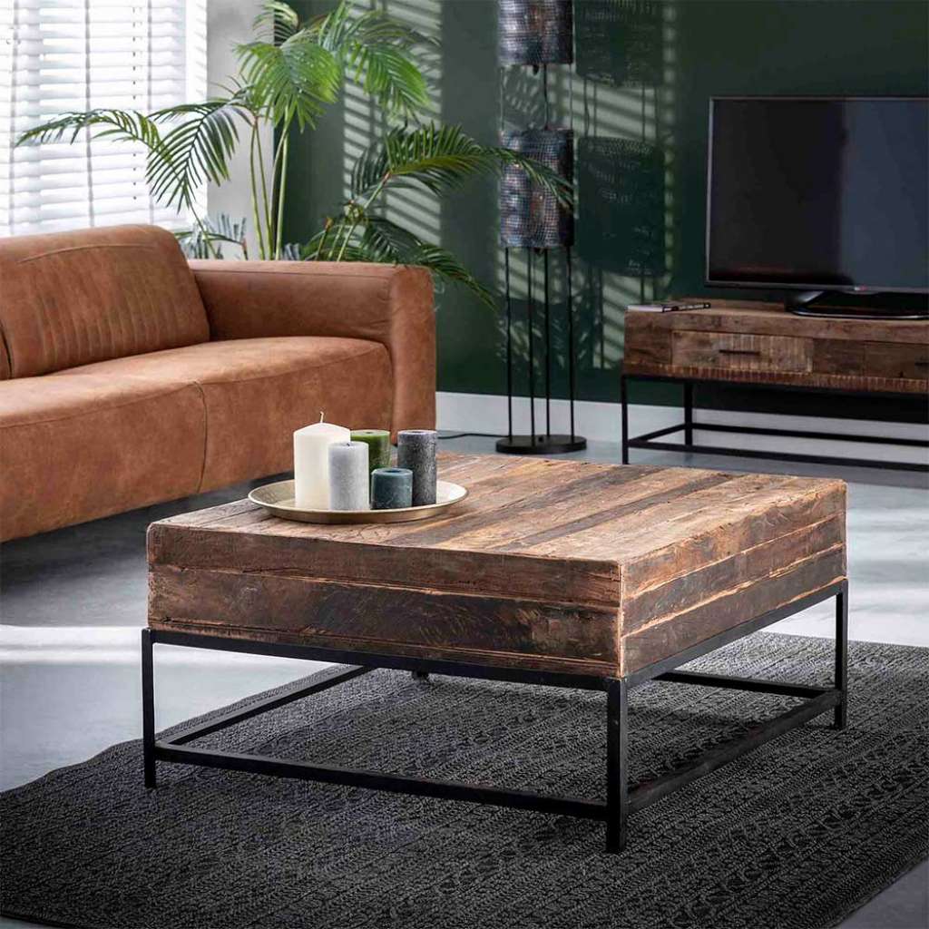 Wohnzimmer Couchtisch aus Recyclingholz und Metall Loft Design