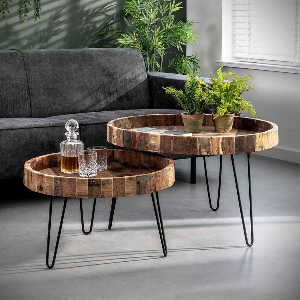 Sofatisch Set aus Recyclingholz und Metall rund (2-teilig)