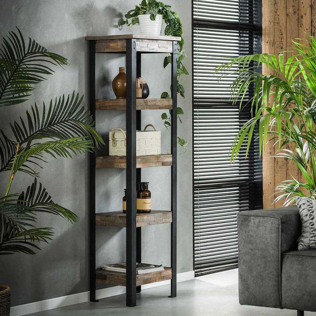 Esszimmer Regal aus Teak Grey Wash massiv Metall