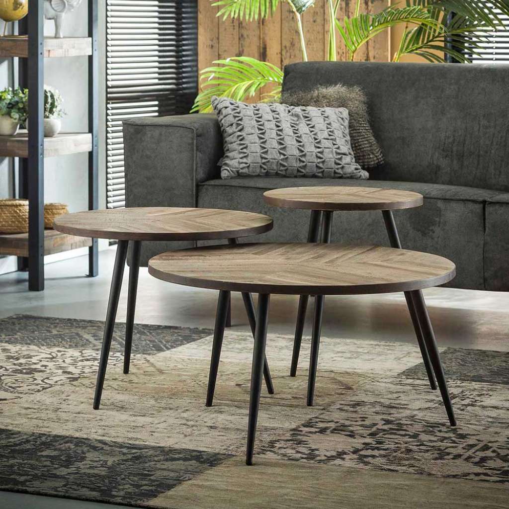 Sofatisch Set aus Teak Grey Wash massiv rund (3-teilig)