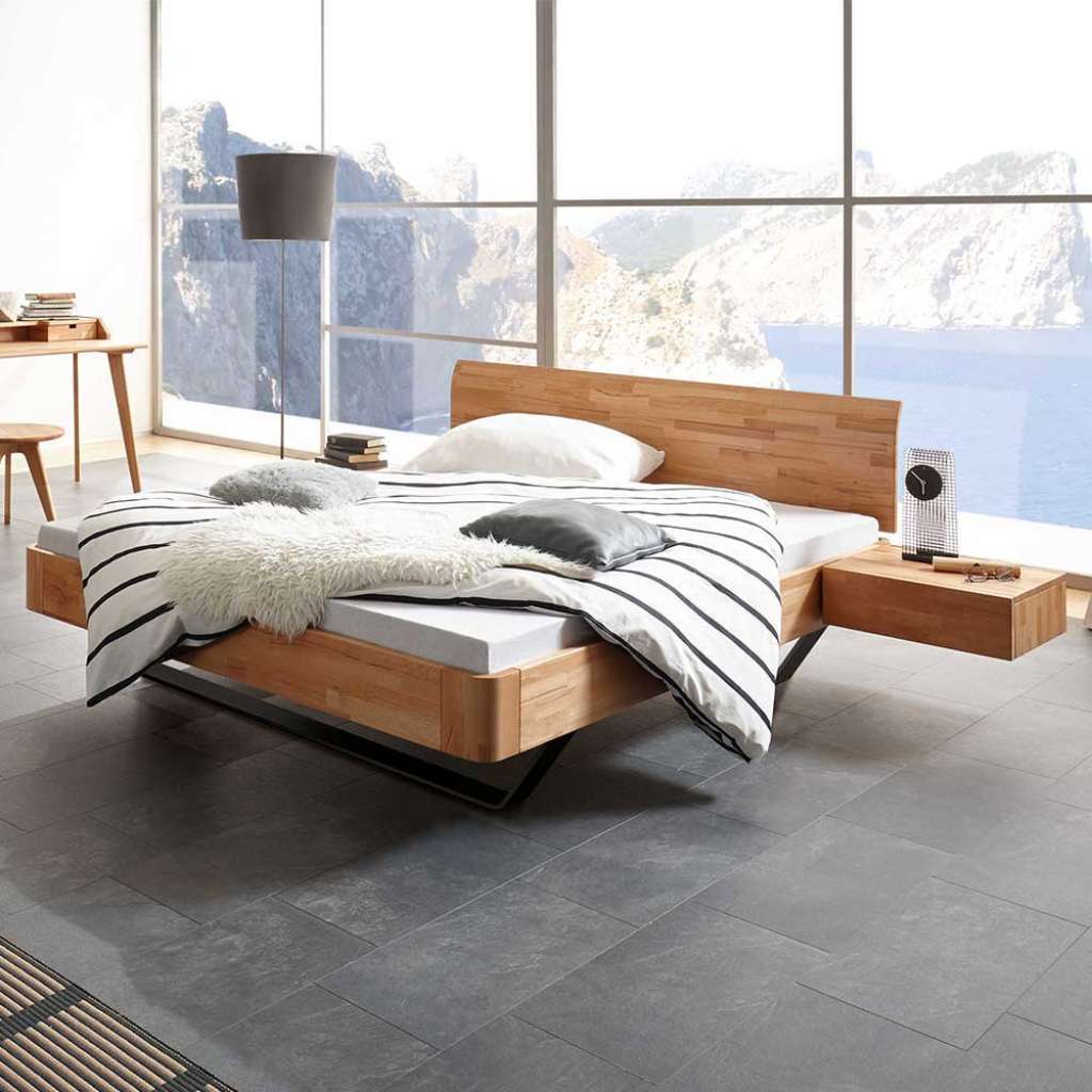 Ehebett aus Kernbuche Massivholz und Metall zwei Nachttischen (3-teilig)