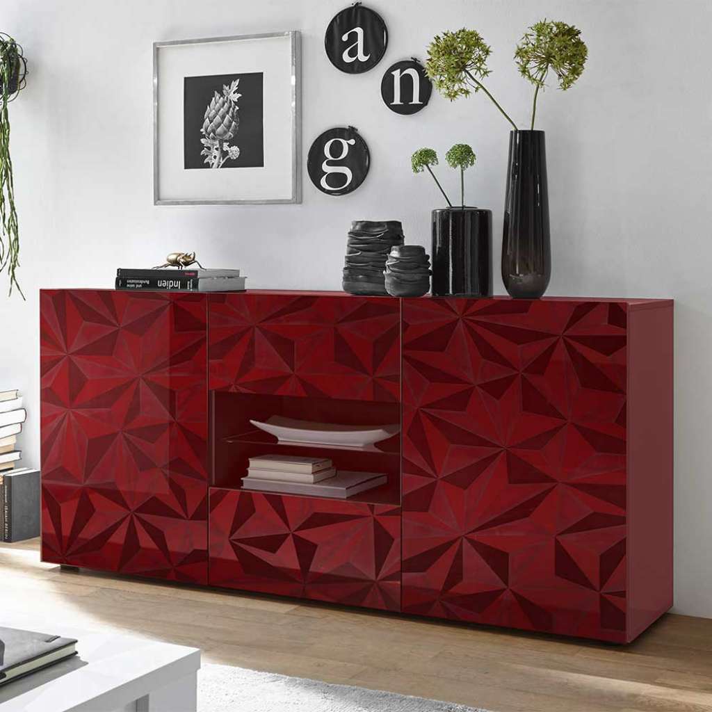 Design Sideboard in Rot Hochglanz offenen Fächern