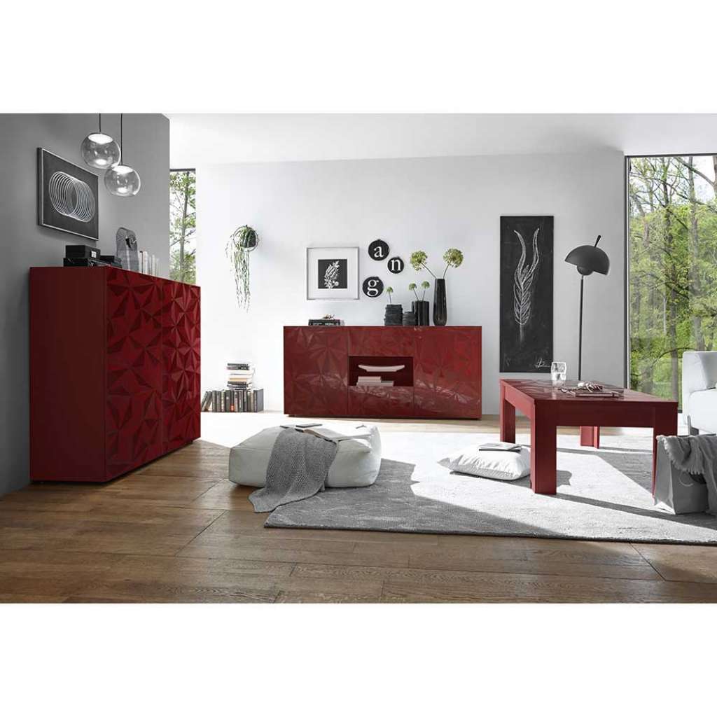 Wohnzimmer Kombination in Rot Hochglanz Siebdruck verziert (3-teilig)
