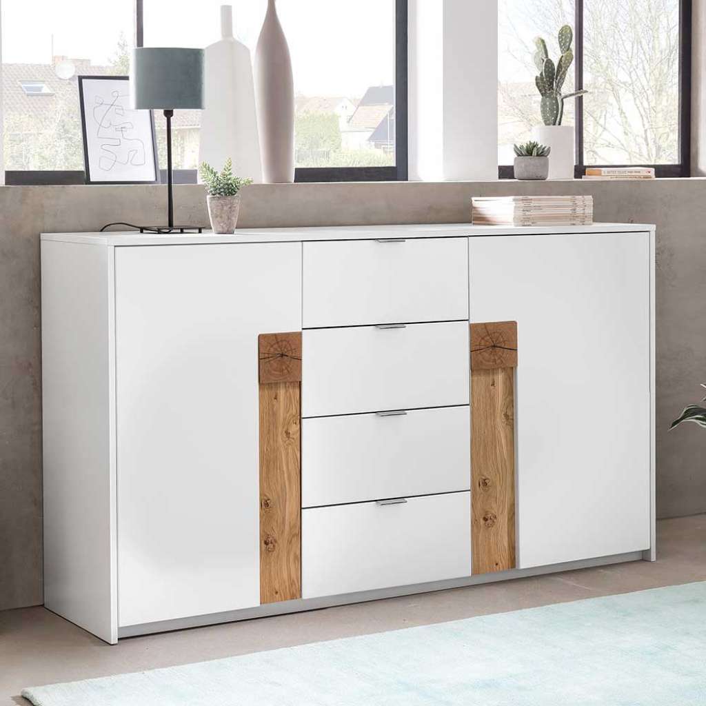 Wohnzimmer Kommode in Weiß und Asteiche Furnier 95 cm hoch