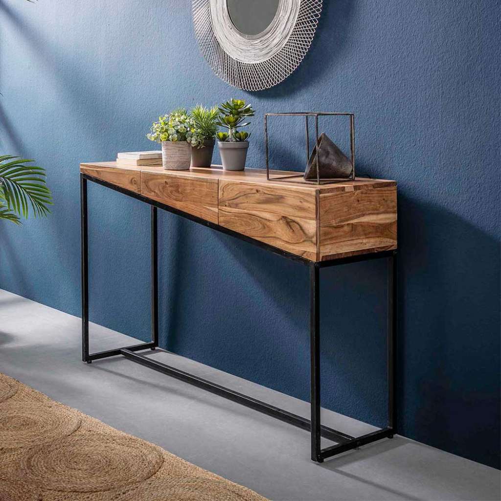 Designtisch aus Akazie Massivholz und Metall 120 cm breit
