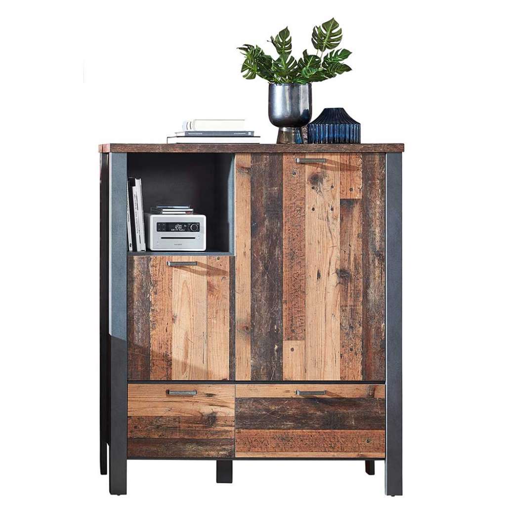 Wohnzimmer Highboard in Altholz Optik und Anthrazit 2-türig