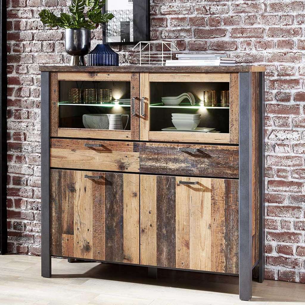 Esszimmervitrine in Altholz Optik und Anthrazit LED Beleuchtung