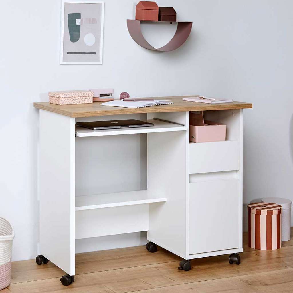 Rollen Computertisch in Weiß und Wildeiche Optik Skandi Design