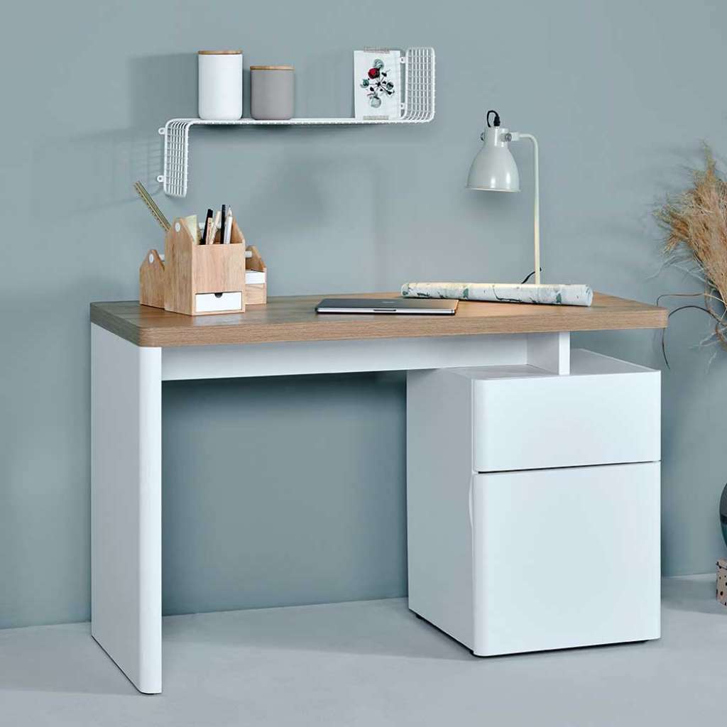 Büroschreibtisch in Weiß und Eiche Optik 120 cm breit