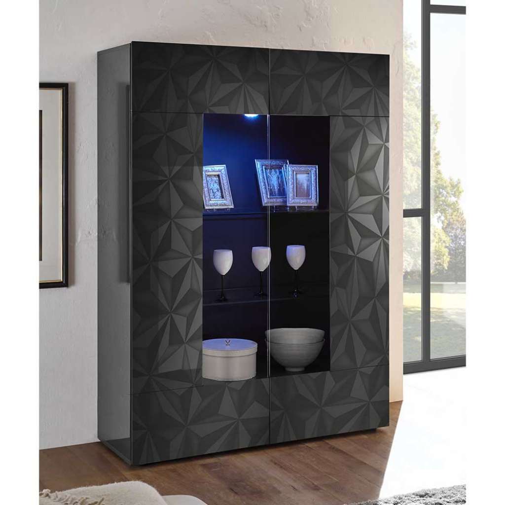 Hochglanz Vitrine in Anthrazit Siebdruck verziert