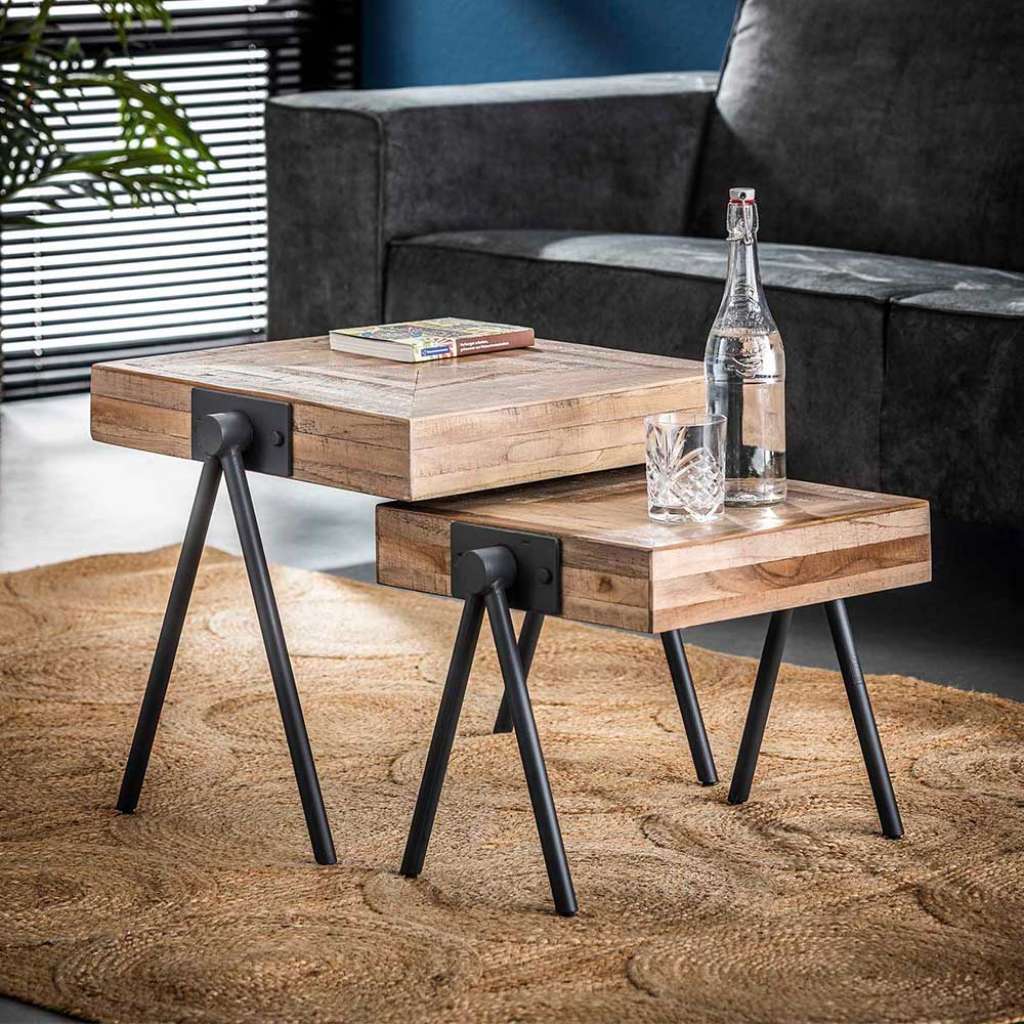 Sofatisch Set aus Teak Massivholz und Metall quadratisch (2-teilig)