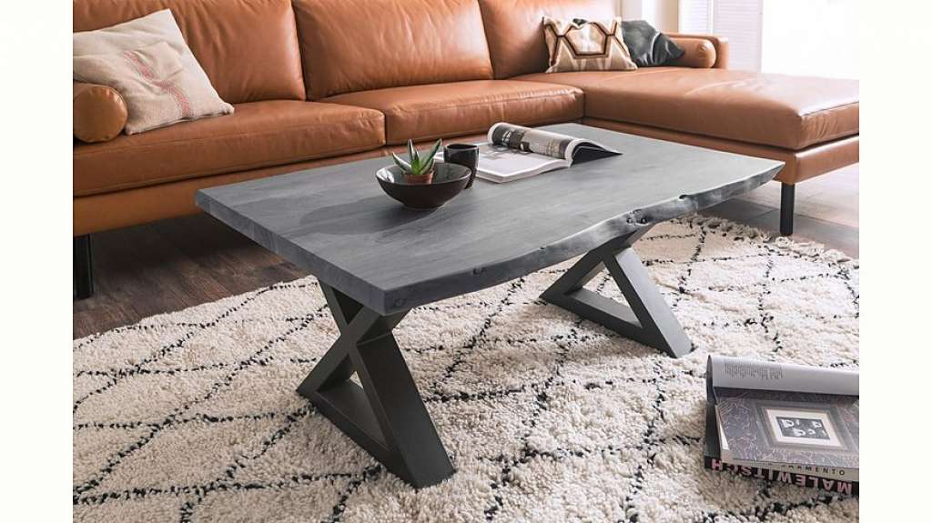 MCA furniture Baumkantentisch, Couchtisch Massivholz mit Baumkante, Rissen und Löchern