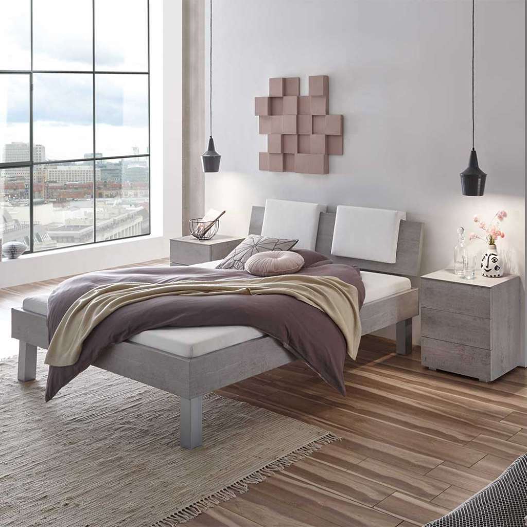Doppelbett in Beton Grau gepolstertem Kopfteil in Weiß (3-teilig)