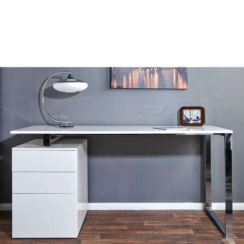 Schreibtisch in Hochglanz Weiß und Chromfarben drei Schubladen