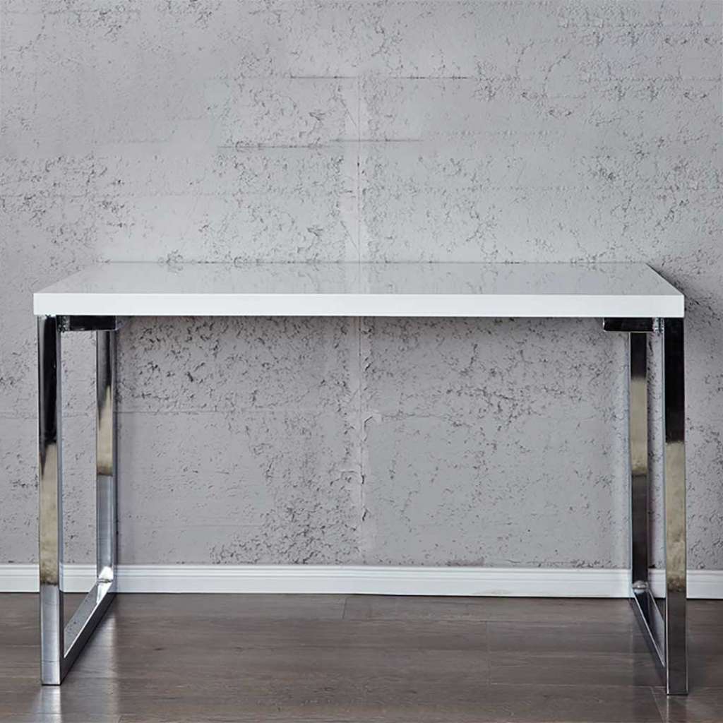 Bürotisch in Weiß Hochglanz verchromtem Bügelgestell