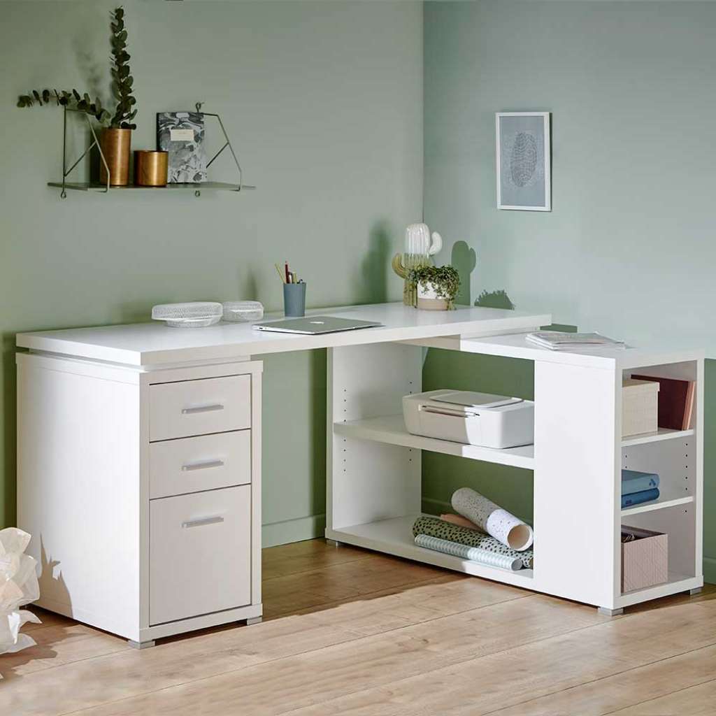 Winkelschreibtisch in Weiß Seitenregal