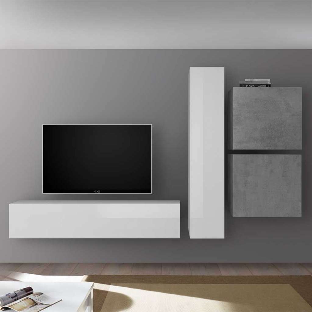 Wohnzimmer Anbauwand in Beton Grau und Weiß Hochglanz hängend (4-teilig)