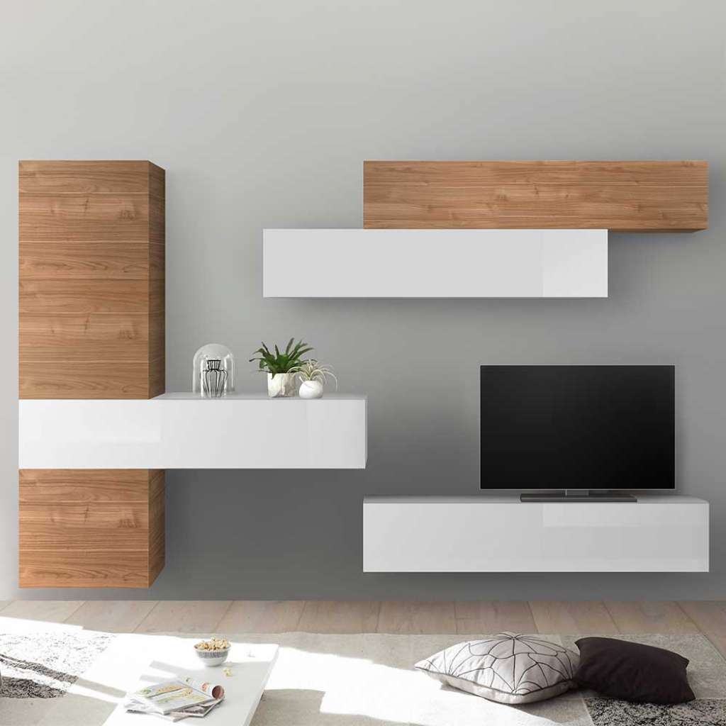 Hängende Anbauwand in Nussbaum hell und Weiß Hochglanz modern (7-teilig)