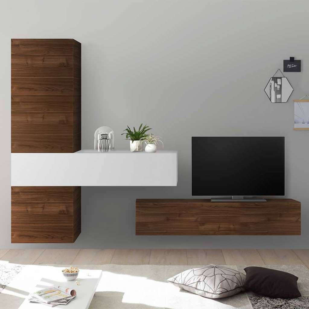 Moderne Wohnwand in Nussbaumfarben und Weiß Hochglanz hängend (5-teilig)