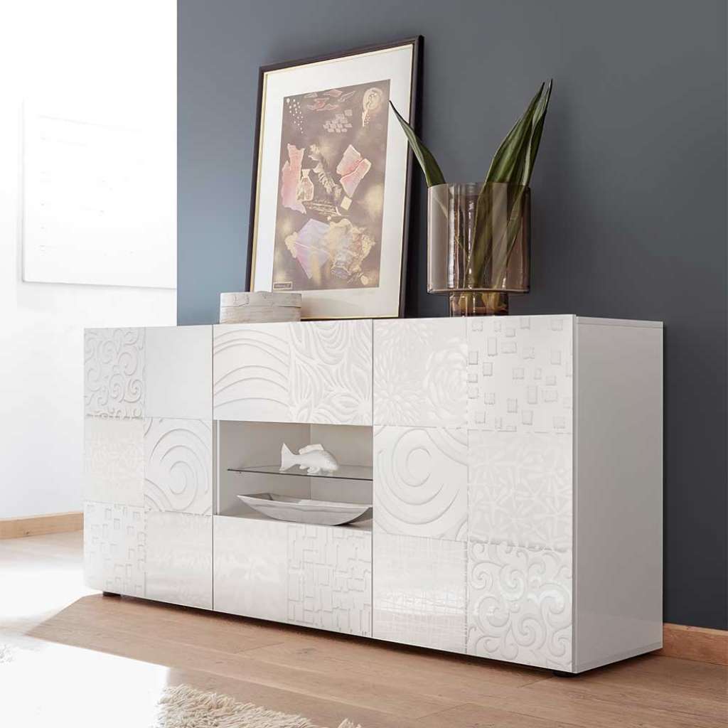 Wohnzimmer Sideboard in Hochglanz Weiß Siebdruck verziert