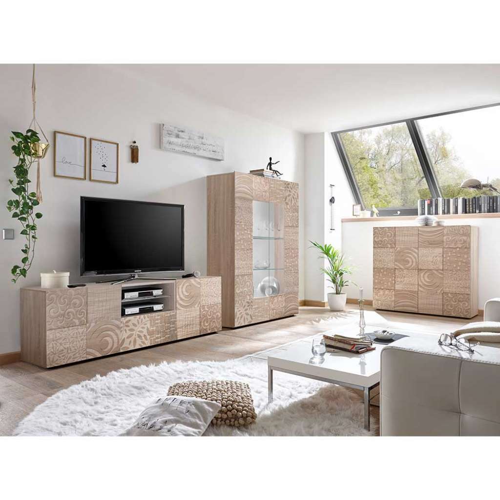 Design Wohnwand in Sonoma Eiche floralem Siebdruck verziert (3-teilig)