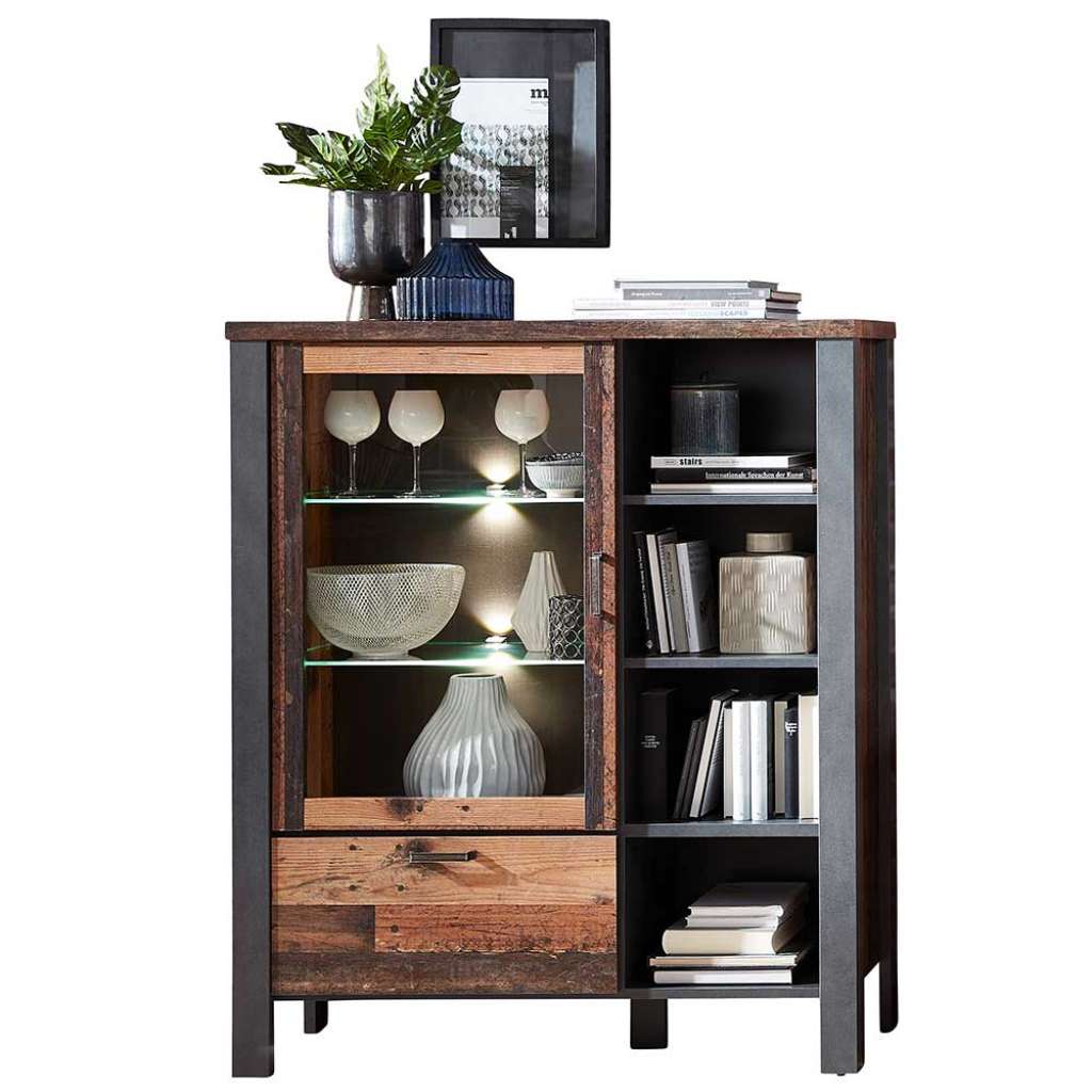 Highboard Vitrine in Altholz Optik und Anthrazit LED Beleuchtung