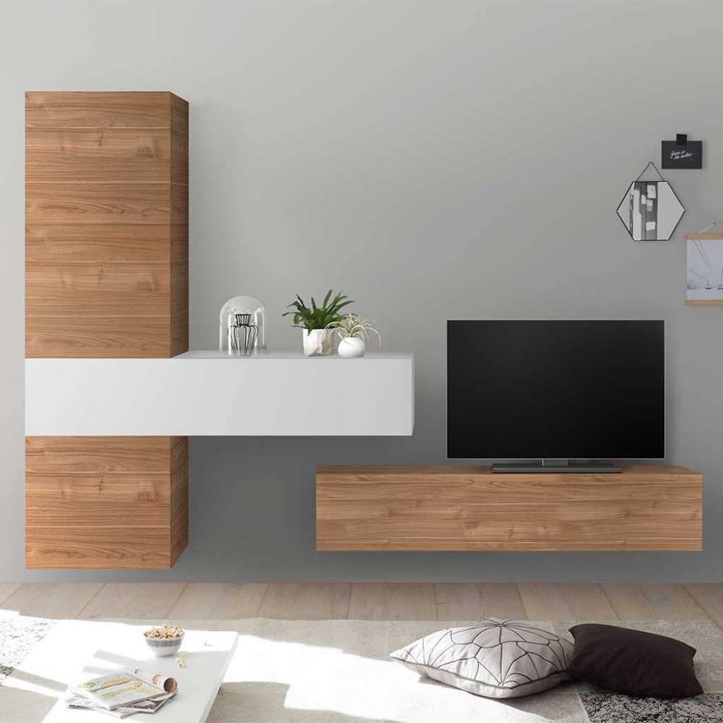 Hängende Wohnwand Kombi in Nussbaum hell und Weiß Hochglanz modern (5-teilig)
