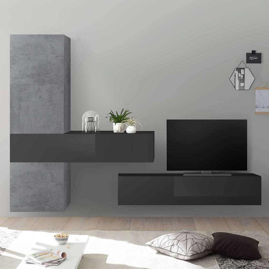 Moderne Anbauwand in Beton Grau und Anthrazit Hochglanz hängend (5-teilig)