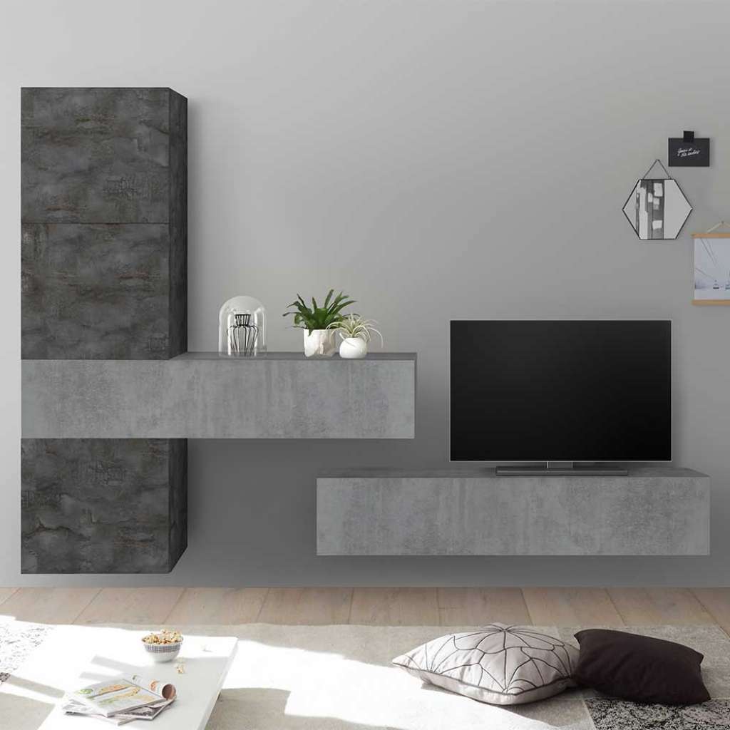 Wand Wohnwand in Beton Grau und Dunkelgrau modern (5-teilig)