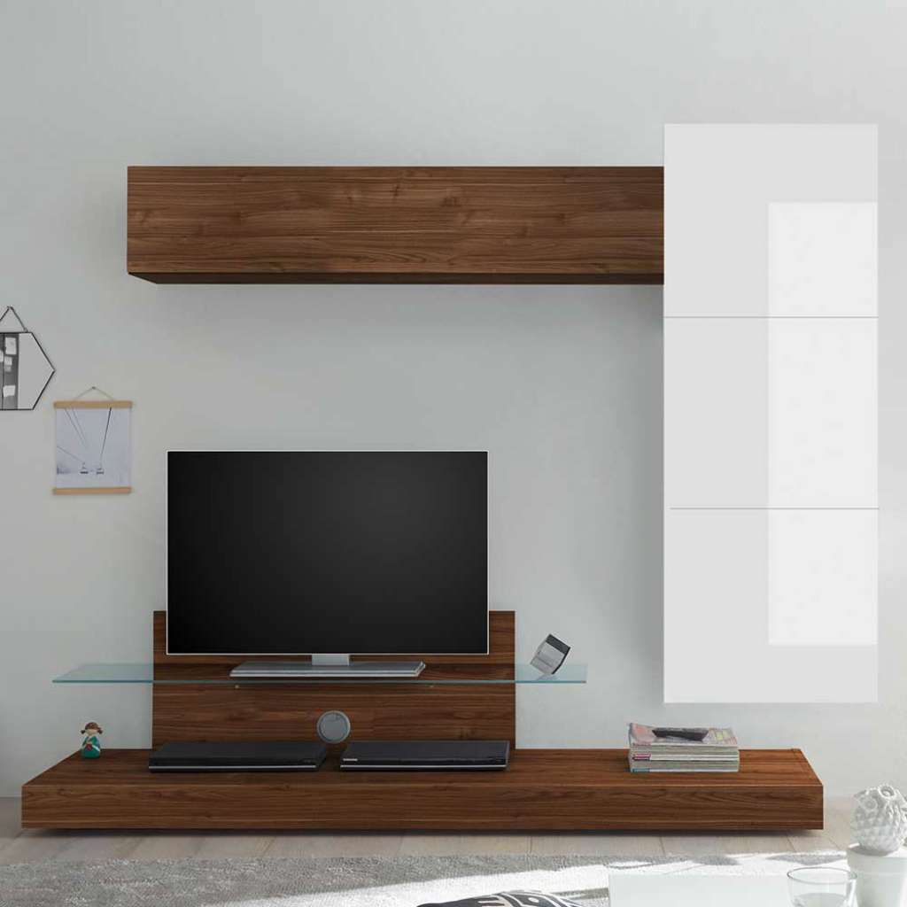 TV Wohnwand in Nussbaumfarben und Weiß Hochglanz 230 cm breit (5-teilig)