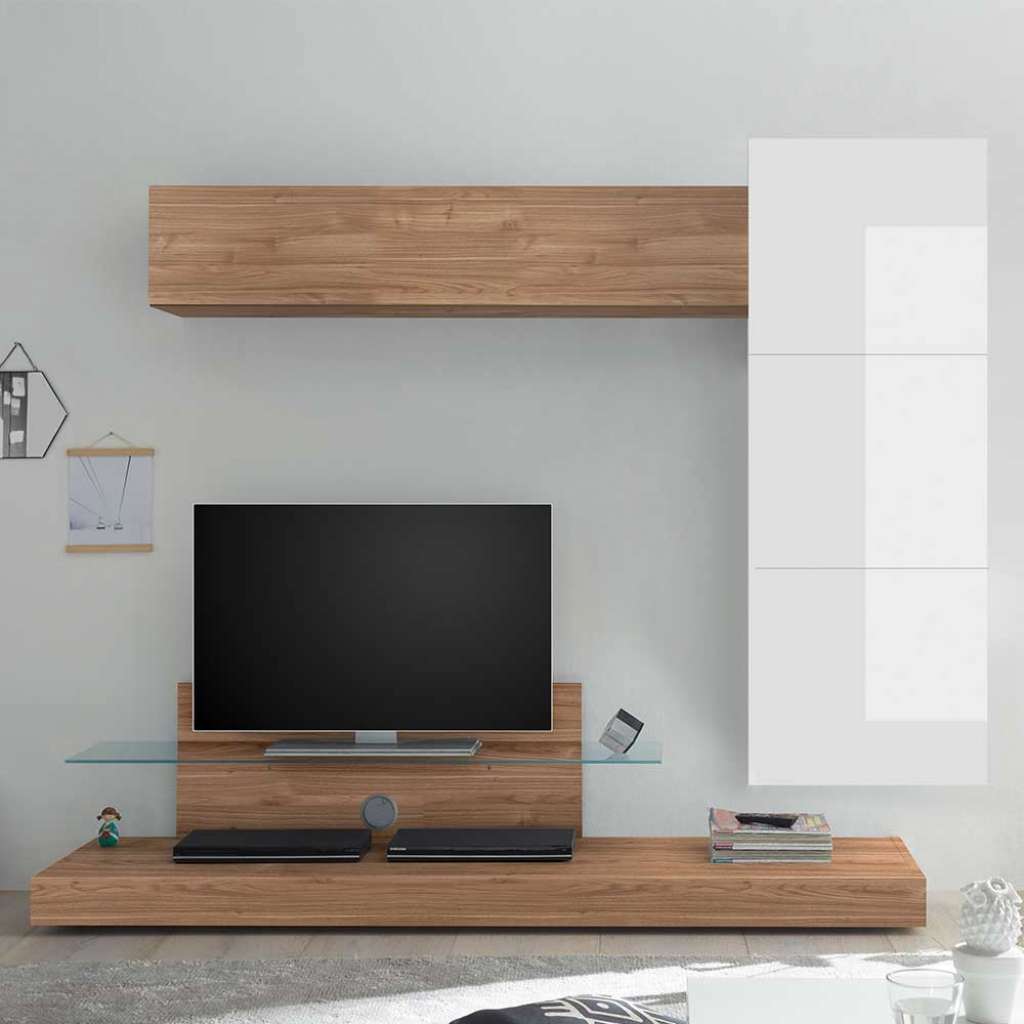 Wohnzimmerwohnwand in Nussbaum hell und Weiß Hochglanz modern (5-teilig)