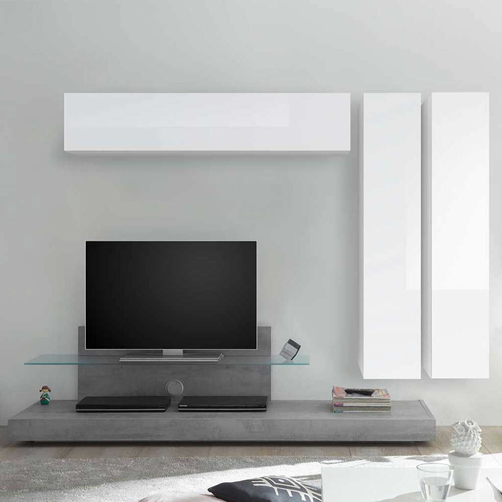 Hochglanz Wohnwand in Weiß und Beton Grau 230 cm breit (4-teilig)