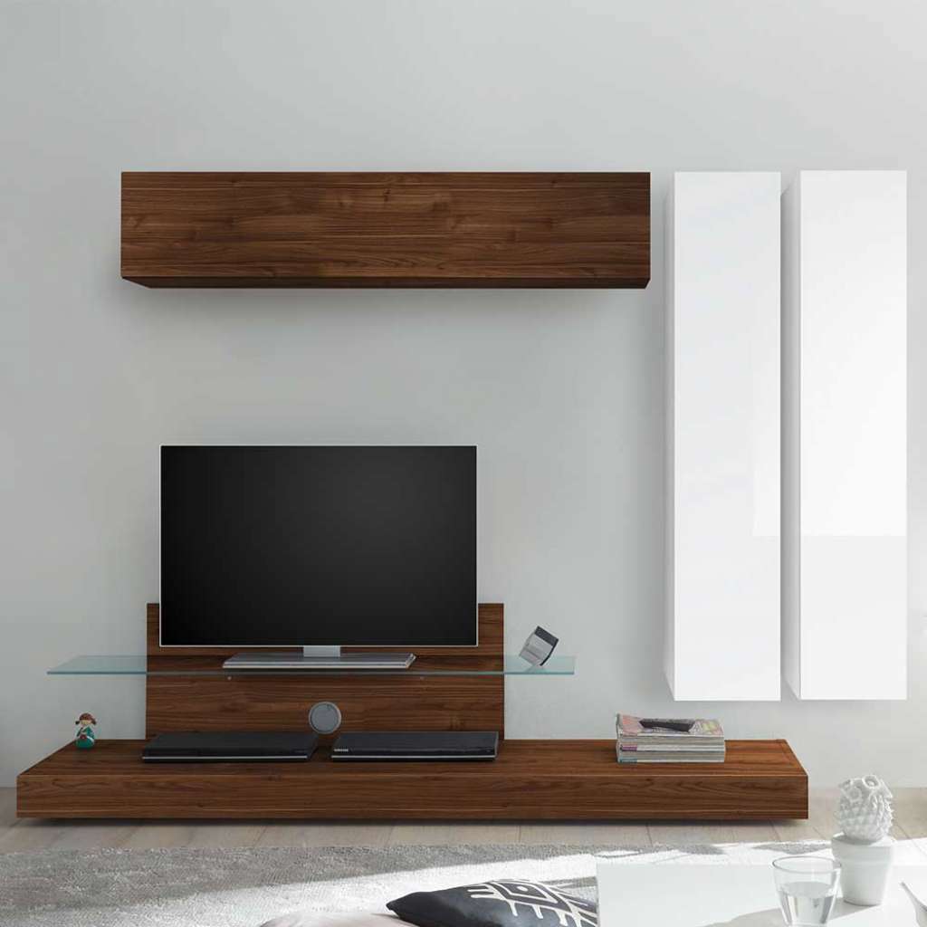 Designer Wohnwand in Nussbaumfarben und Weiß Hochglanz 230 cm breit (4-teilig)