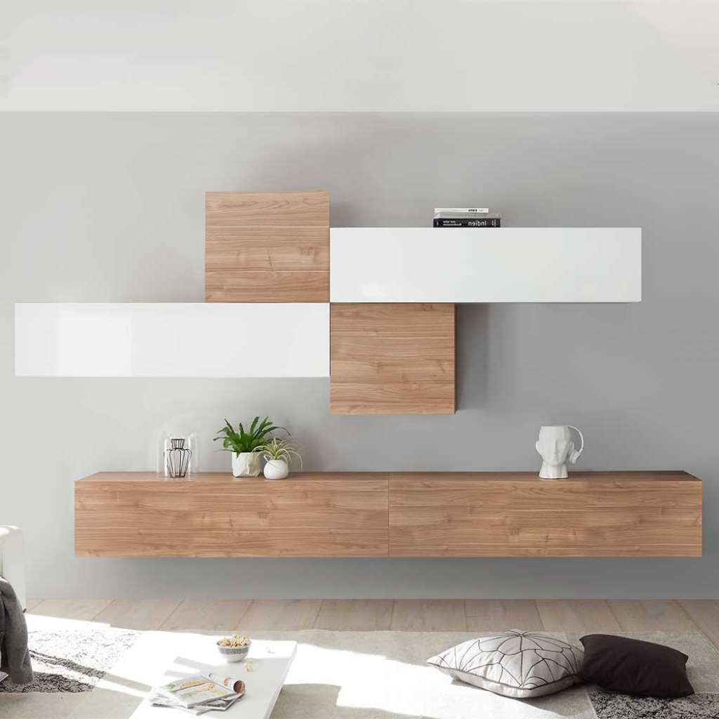 Hängende Schrankwand in Nussbaum hell und Weiß Hochglanz modern (6-teilig)