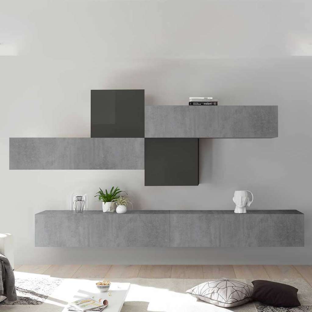Fernseher Schrankwand in Beton Grau und Anthrazit Hochglanz hängend (6-teilig)