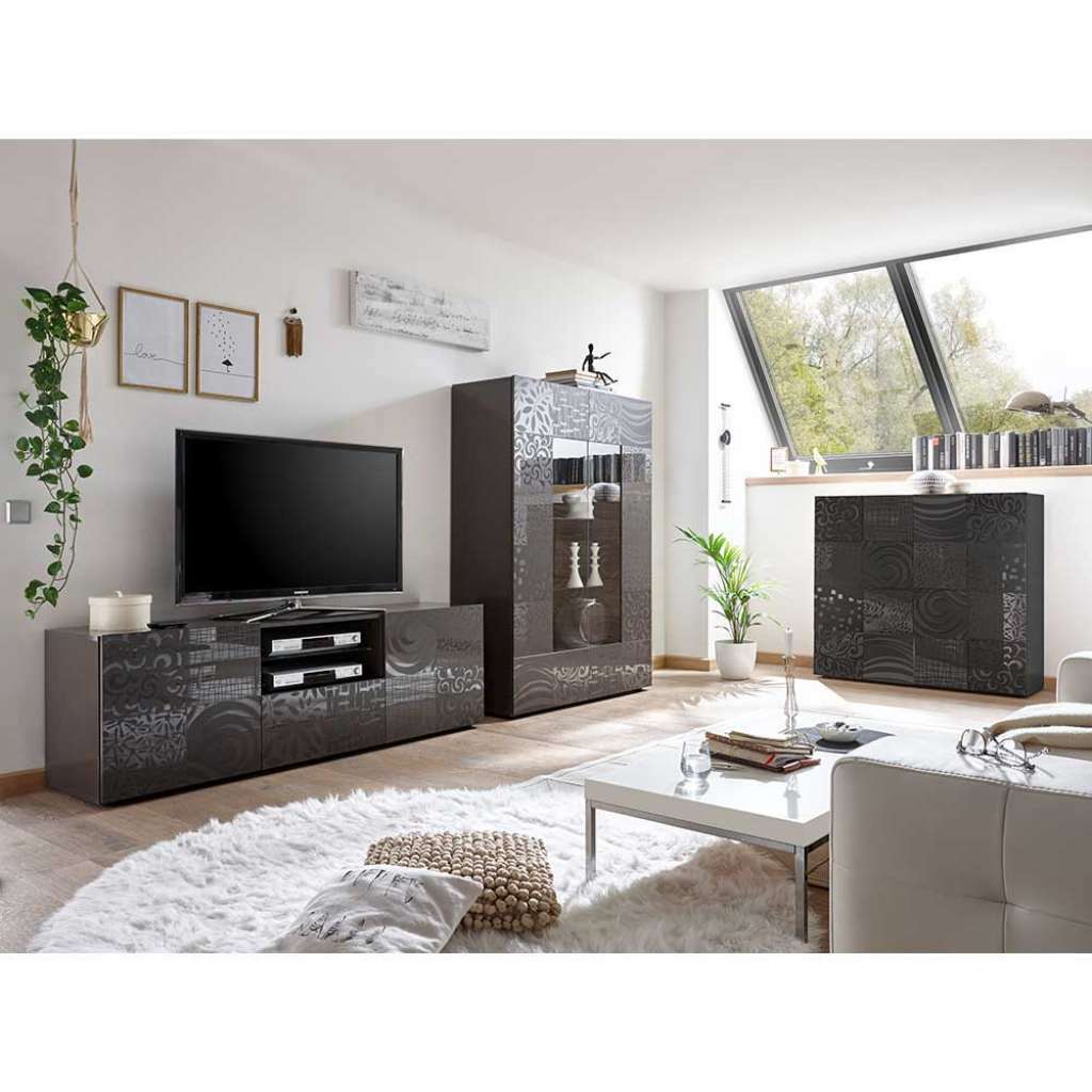 Moderne Wohnwand in Anthrazit Hochglanz Siebdruck verziert (3-teilig)