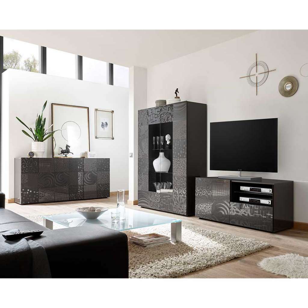Design Wohnwand in Anthrazit Hochglanz Siebdruck verziert (3-teilig)