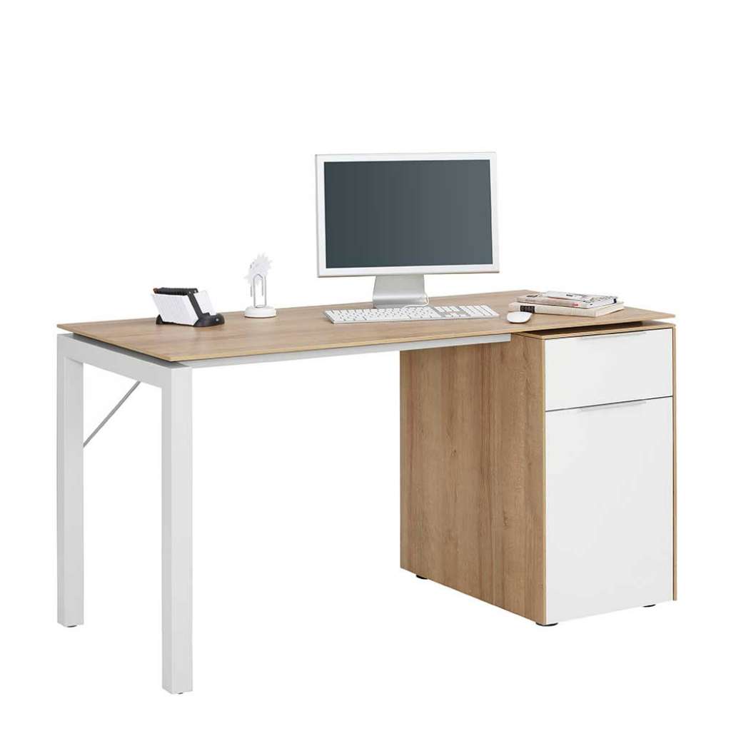Büro Schreibtisch in Weiß und Eiche Optik 140 cm breit