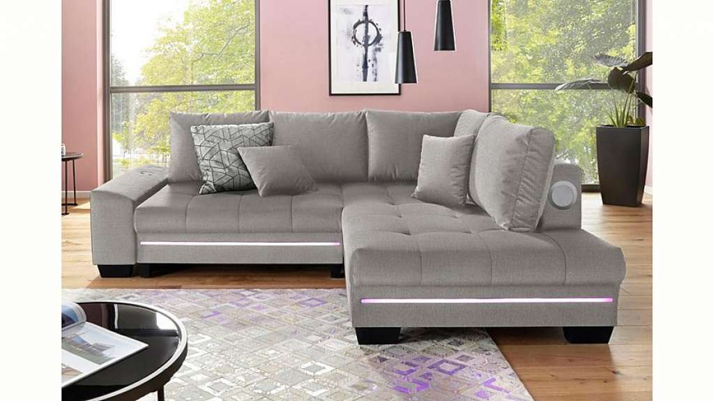 Nova Via Ecksofa, wahlweise mit Kaltschaum (140kg Belastung/Sitz), mit RGB-LED-Beleuchtung, Bluetooth-Soundsystem und Bettfunktion