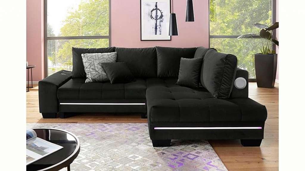 Nova Via Ecksofa, wahlweise mit Kaltschaum (140kg Belastung/Sitz), mit RGB-LED-Beleuchtung, Bluetooth-Soundsystem und Bettfunktion
