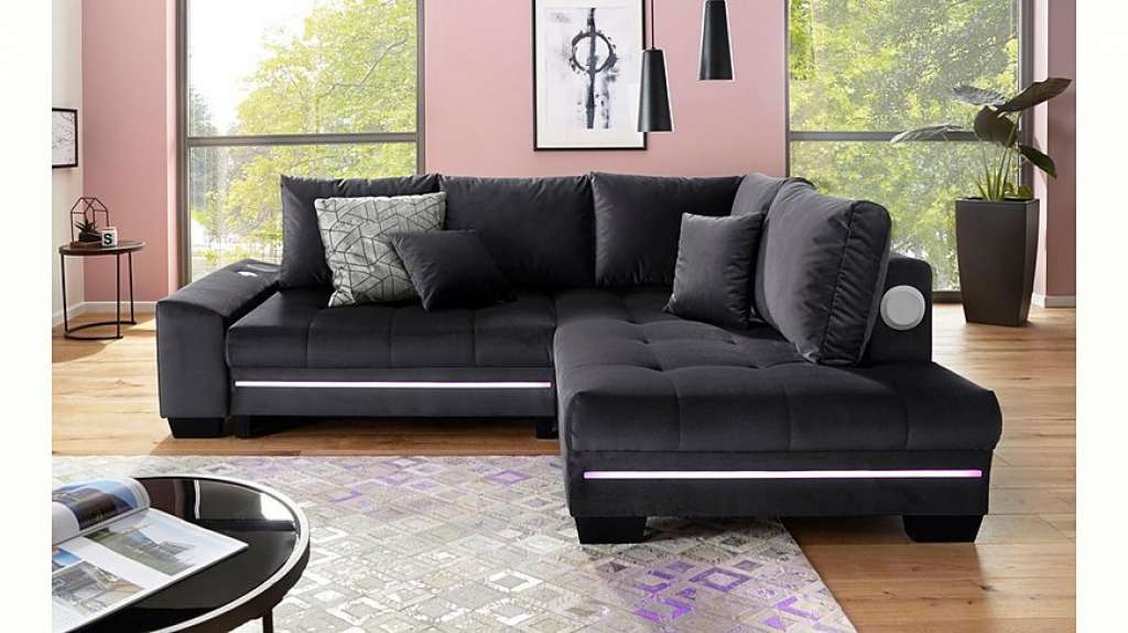 Nova Via Ecksofa, wahlweise mit Kaltschaum (140kg Belastung/Sitz), mit RGB-LED-Beleuchtung, Bluetooth-Soundsystem und Bettfunktion