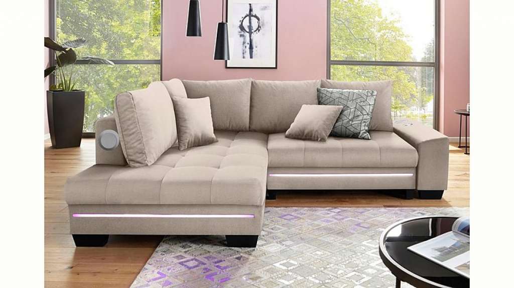 Nova Via Ecksofa, wahlweise mit Kaltschaum (140kg Belastung/Sitz), mit RGB-LED-Beleuchtung, Bluetooth-Soundsystem und Bettfunktion