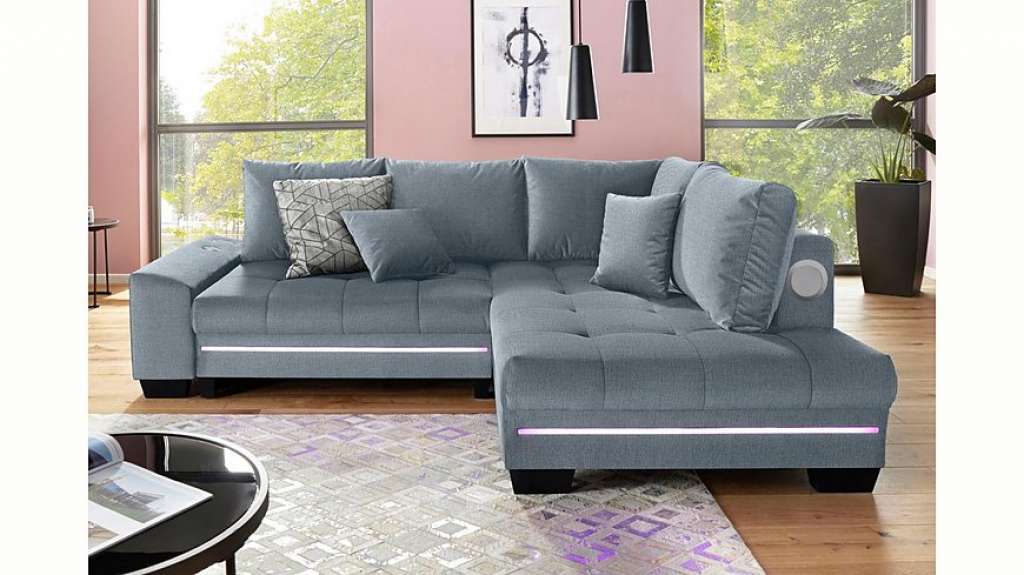Nova Via Ecksofa, wahlweise mit Kaltschaum (140kg Belastung/Sitz), mit RGB-LED-Beleuchtung, Bluetooth-Soundsystem und Bettfunktion