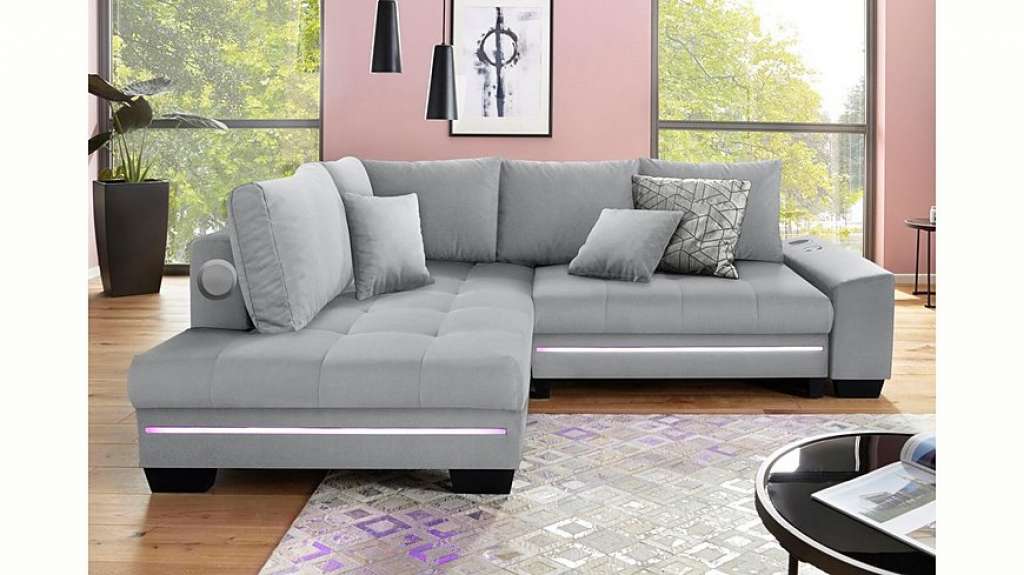 Nova Via Ecksofa, wahlweise mit Kaltschaum (140kg Belastung/Sitz), mit RGB-LED-Beleuchtung, Bluetooth-Soundsystem und Bettfunktion